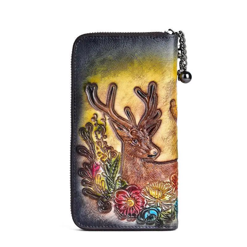 Artisan Leather Wallet for Women - Hand Painted Genuine Cowhide Zipper Card Holder with Unique Animal Prints