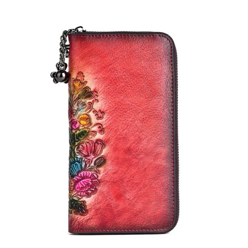 Artisan Leather Wallet for Women - Hand Painted Genuine Cowhide Zipper Card Holder with Unique Animal Prints