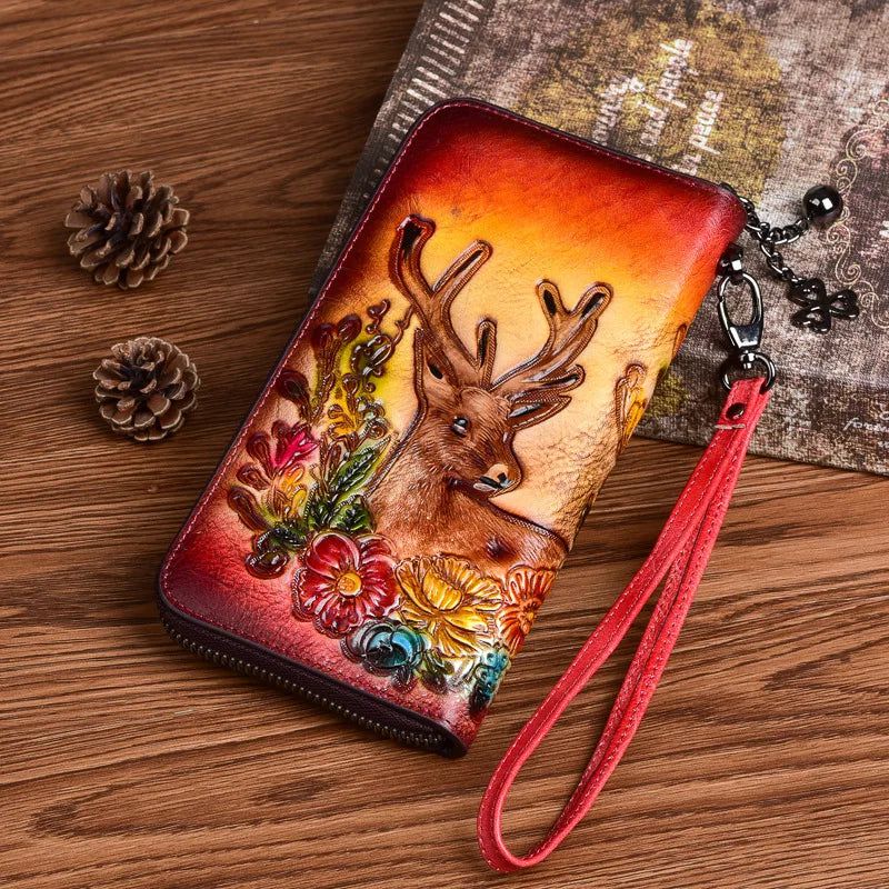 Artisan Leather Wallet for Women - Hand Painted Genuine Cowhide Zipper Card Holder with Unique Animal Prints