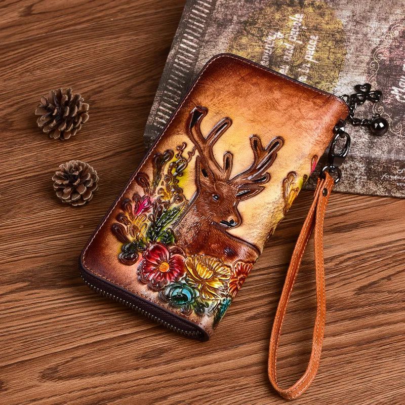 Artisan Leather Wallet for Women - Hand Painted Genuine Cowhide Zipper Card Holder with Unique Animal Prints