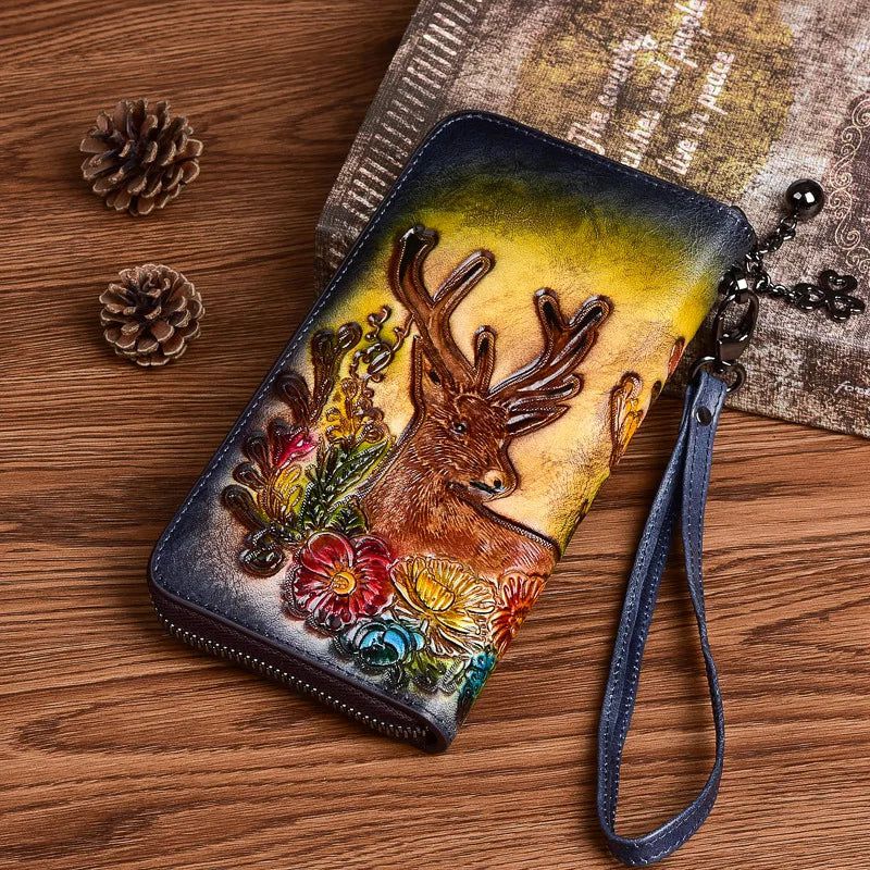 Artisan Leather Wallet for Women - Hand Painted Genuine Cowhide Zipper Card Holder with Unique Animal Prints