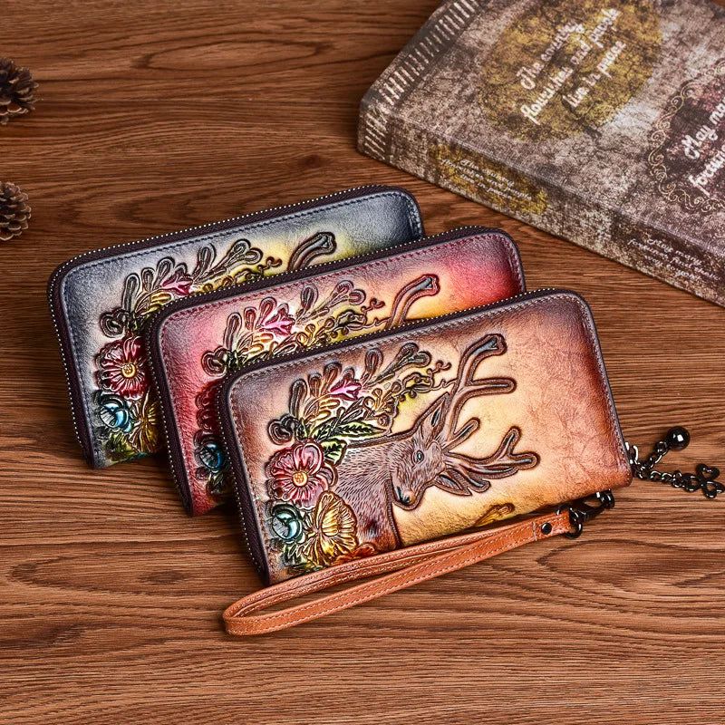 Artisan Leather Wallet for Women - Hand Painted Genuine Cowhide Zipper Card Holder with Unique Animal Prints