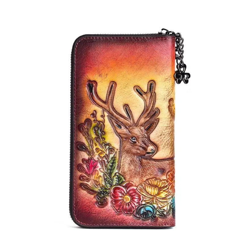 Artisan Leather Wallet for Women - Hand Painted Genuine Cowhide Zipper Card Holder with Unique Animal Prints