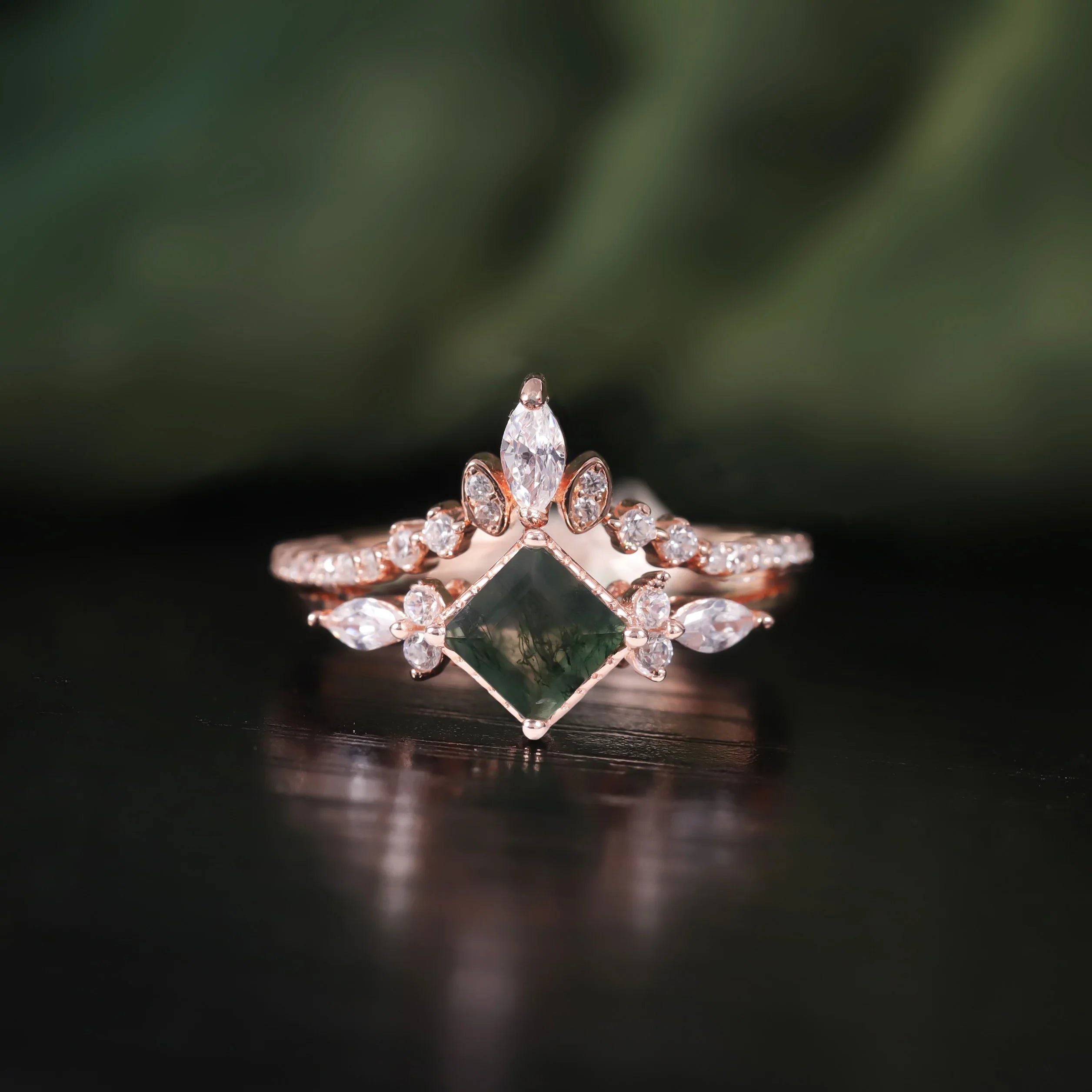 BALLLET Princess Cut Moss Agate Art Deco Ring Set Vintage