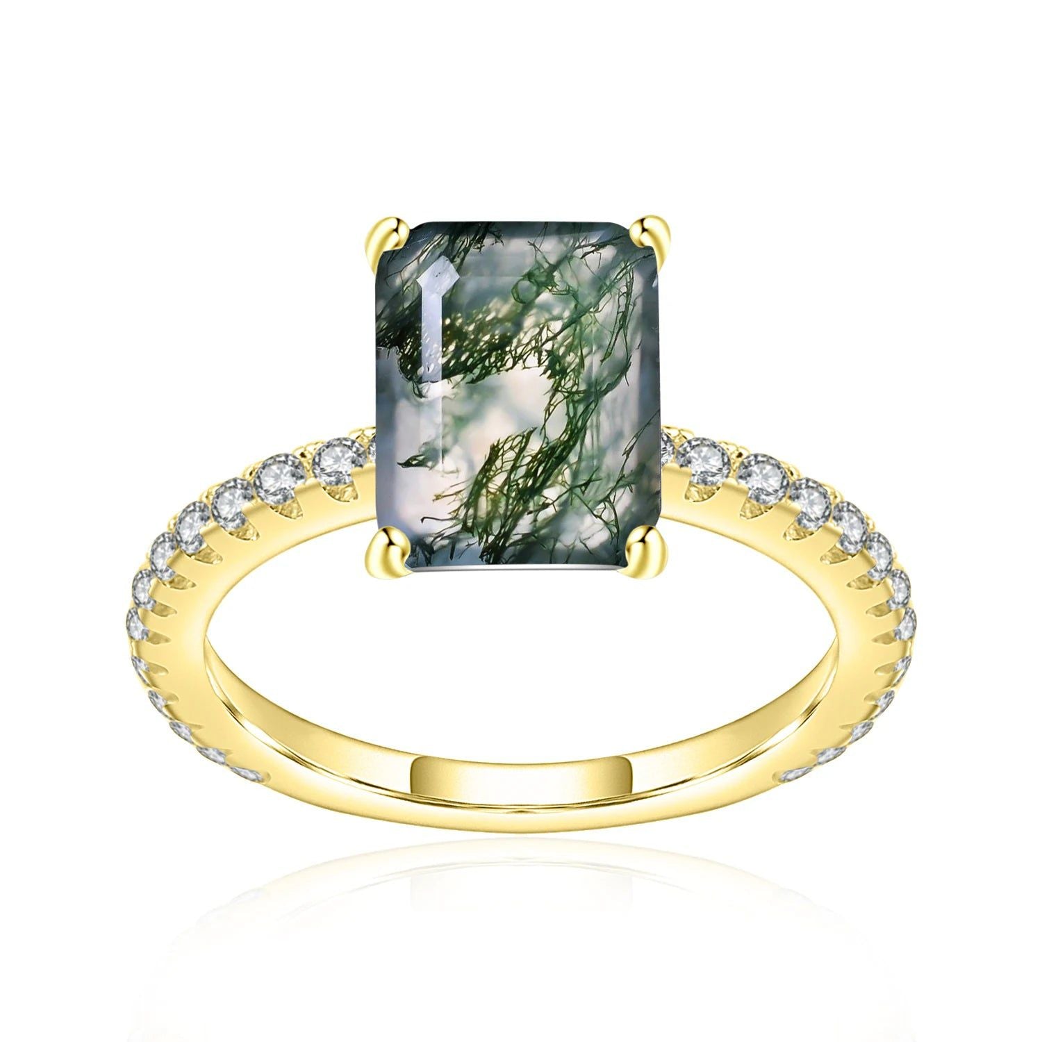 BALLLET Unique Emerald Cut Moss Agate Ring Set 925 Silver