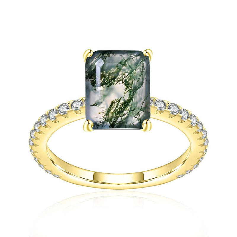 BALLLET Unique Emerald Cut Moss Agate Ring Set 925 Silver