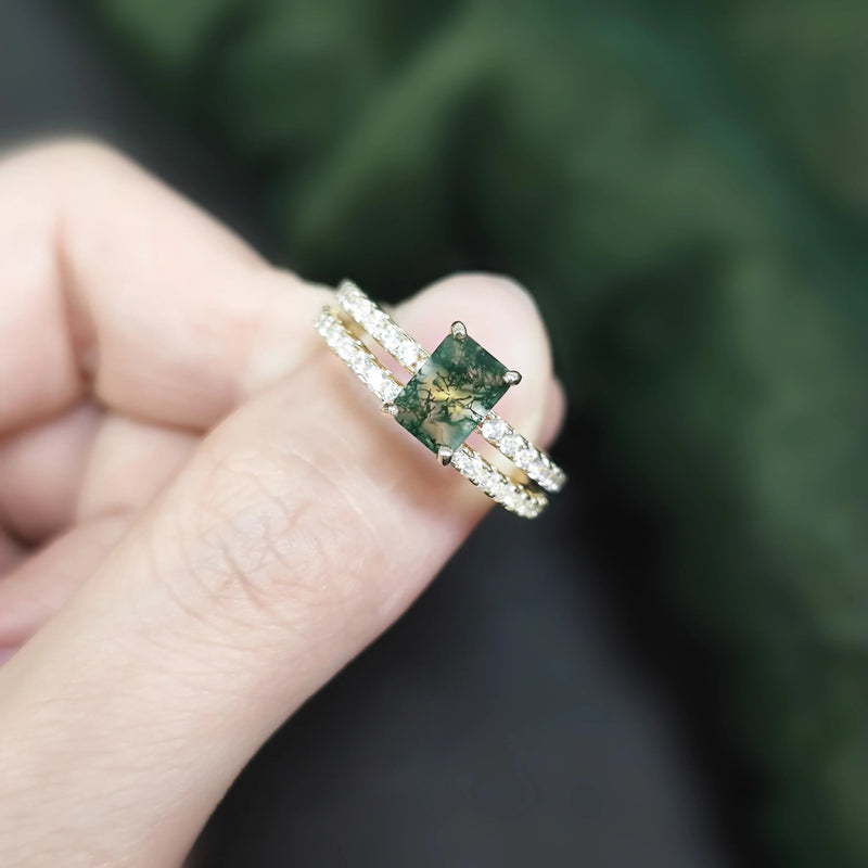 BALLLET Unique Emerald Cut Moss Agate Ring Set 925 Silver