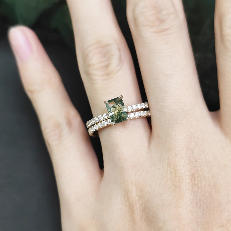 BALLLET Unique Emerald Cut Moss Agate Ring Set 925 Silver