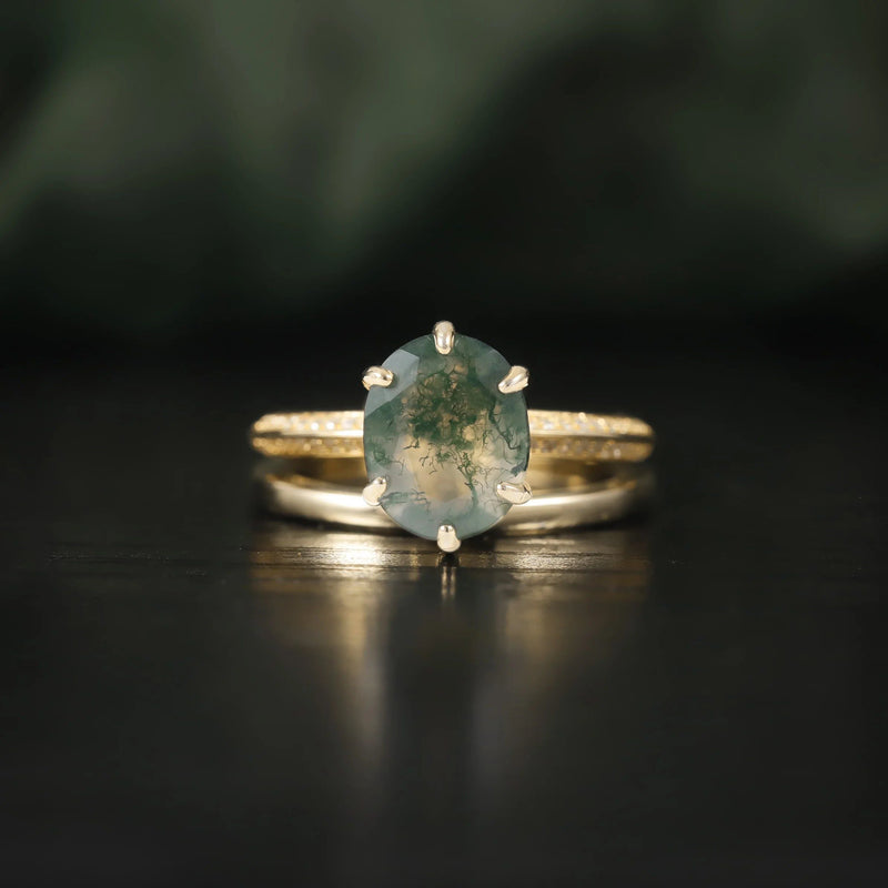 BALLLET Unique Moss Agate Ring Set 925 Sterling Silver Stacking