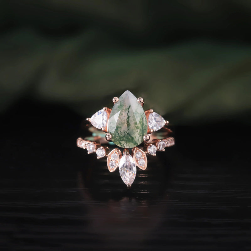 BALLLET Unique Natural Moss Agate Ring Set Vintage Cluster