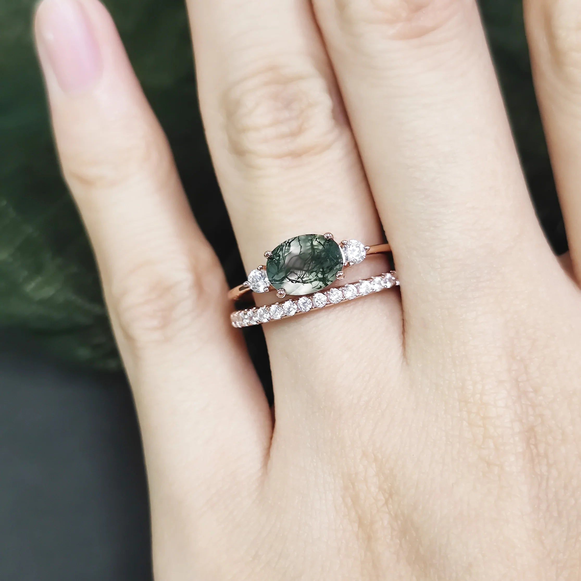 BALLLET Unique Oval Cut Green Moss Agate Ring Set 2pcs