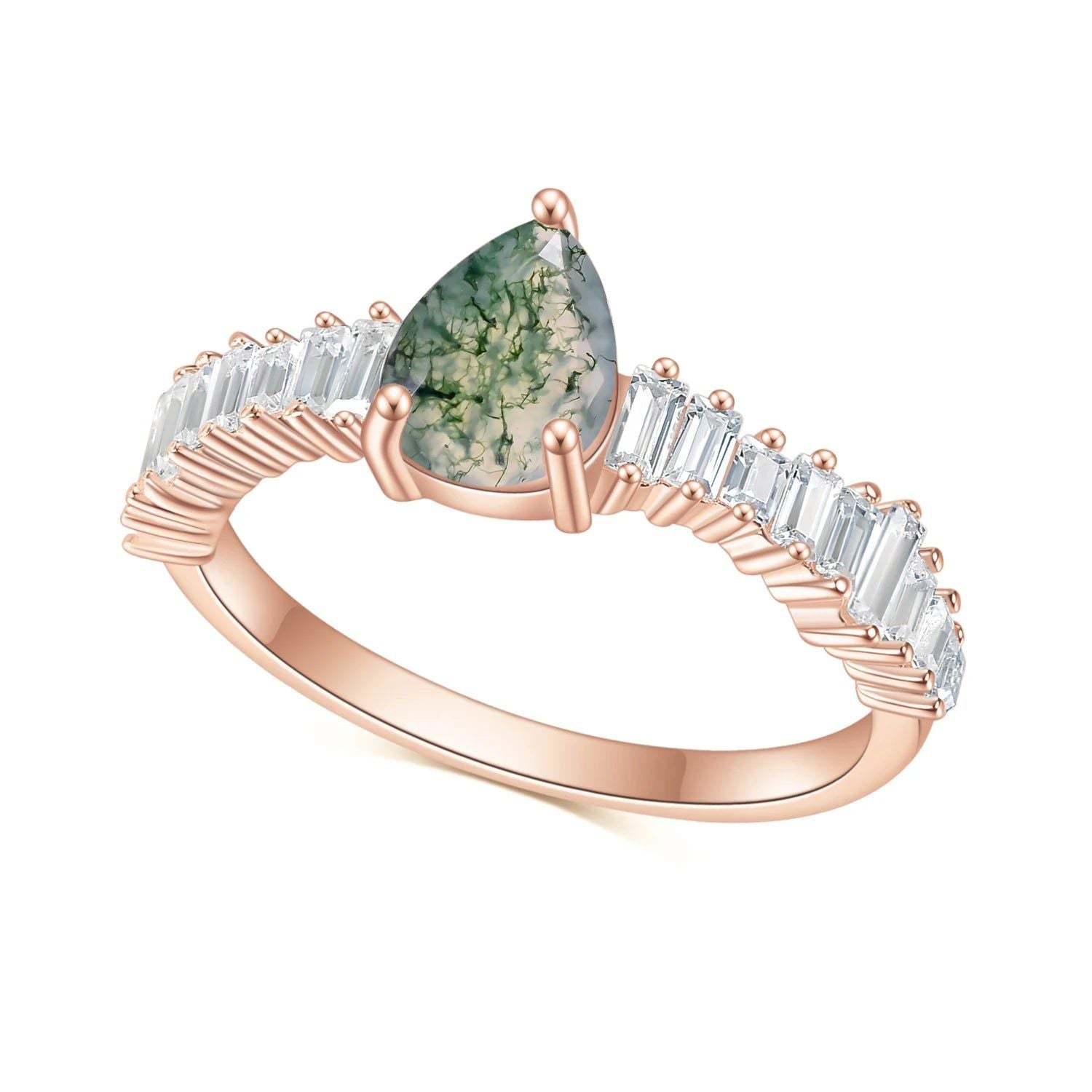 BALLLET Unique Pear Shape Moss Agate Ring Set 925 Silver