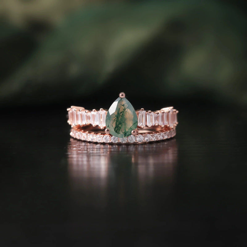 BALLLET Unique Pear Shape Moss Agate Ring Set 925 Silver