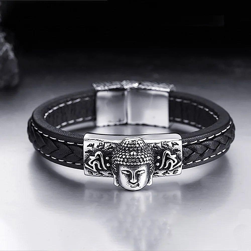 Biker-Inspired Tathagata Buddha Stainless Steel Bracelet for Men - Fashionable Punk Leather Jewelry Gift