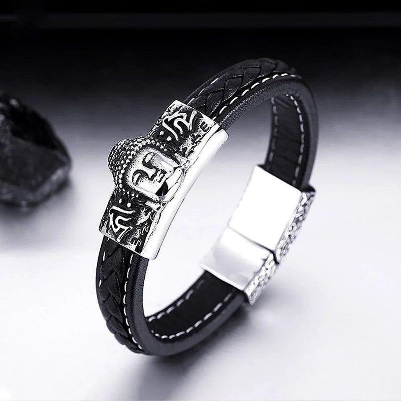 Biker-Inspired Tathagata Buddha Stainless Steel Bracelet for Men - Fashionable Punk Leather Jewelry Gift