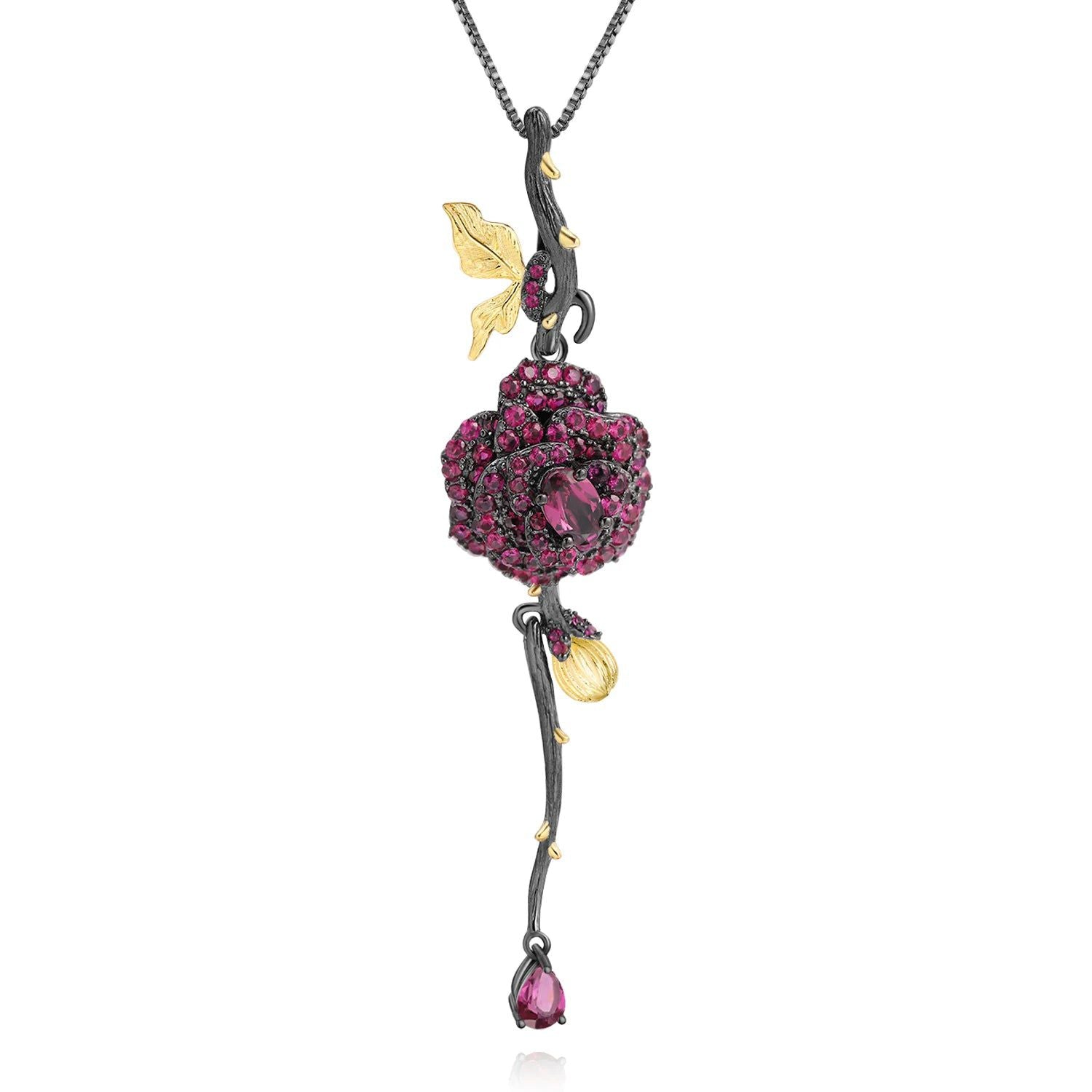 Black & 18k Gold Over 925 Silver Two Tone Rose Necklace