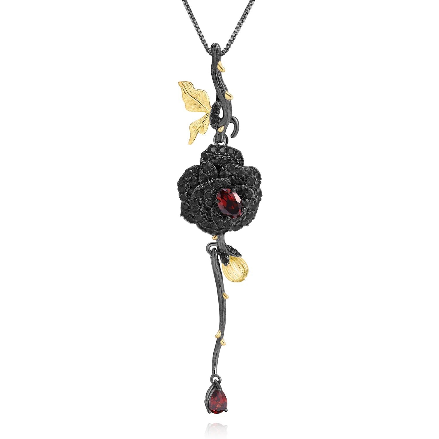 Black & 18k Gold Over 925 Silver Two Tone Rose Necklace