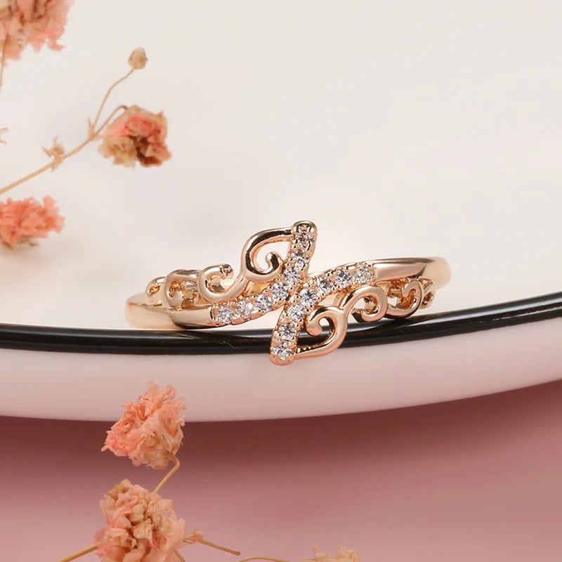 Bohemian Elegance: 585 Rose Gold Hollow Flower Natural Zircon Cocktail Ring