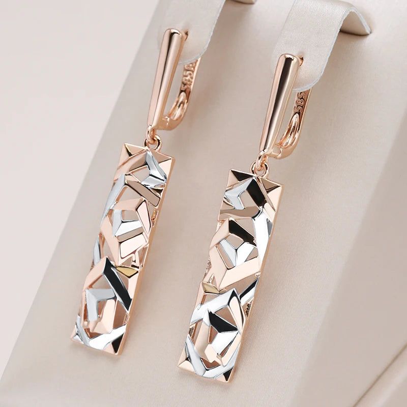 Bohemian Elegance: Retro Square Wide Drop Earrings in 585 Rose Gold and Silver Mix