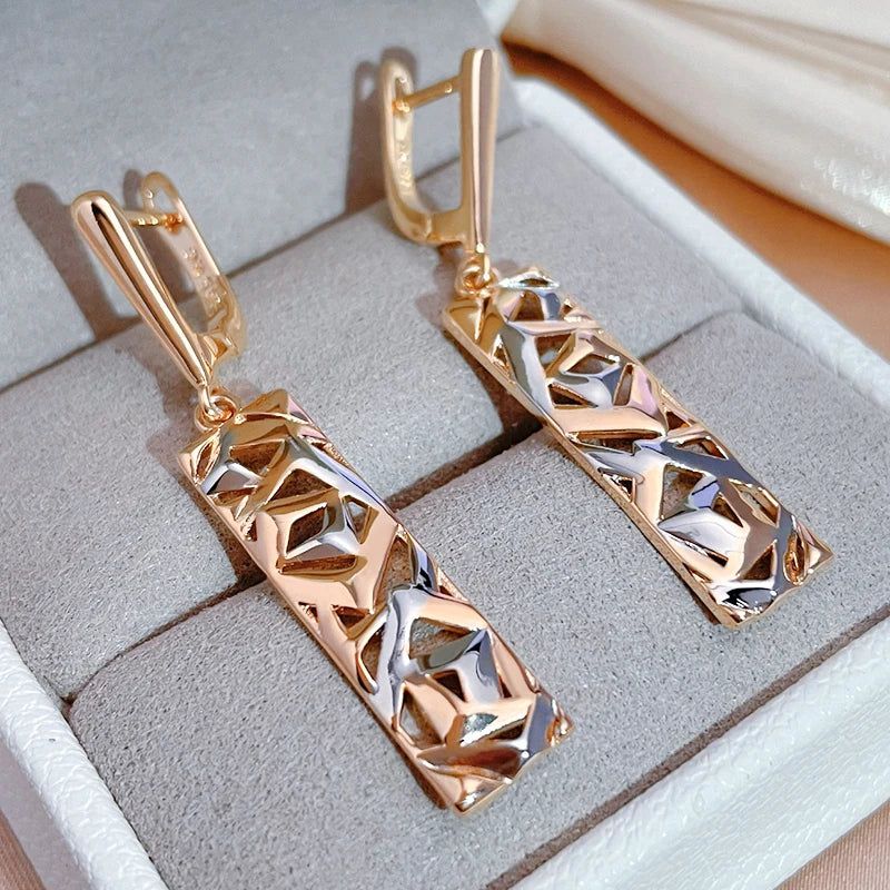 Bohemian Elegance: Retro Square Wide Drop Earrings in 585 Rose Gold and Silver Mix