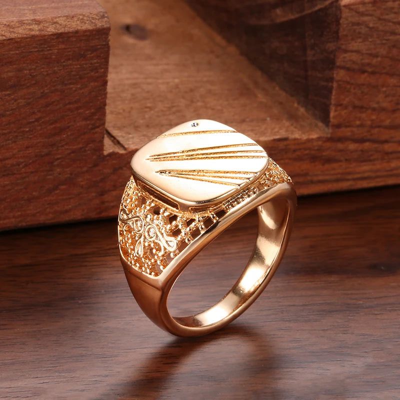 Bold Hollow Carved 585 Rose Gold Men's Cocktail Ring Jewelry