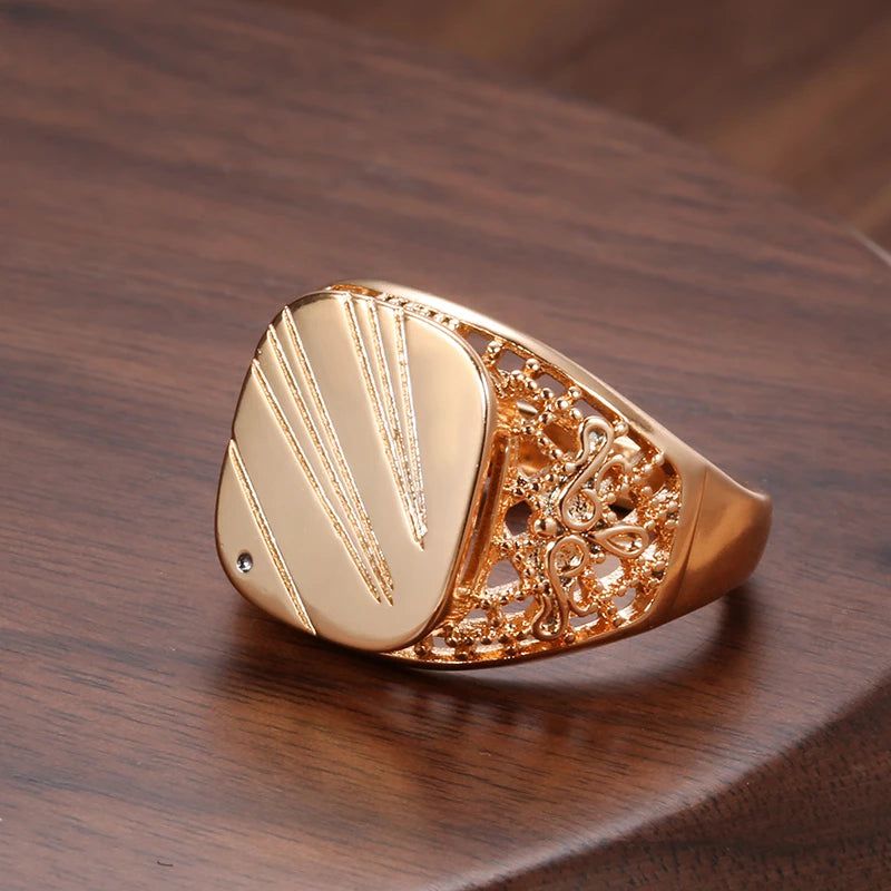 Bold Hollow Carved 585 Rose Gold Men's Cocktail Ring Jewelry