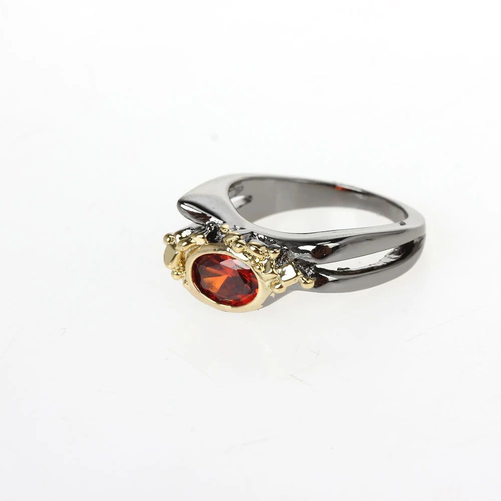 Bold Red Cubic Zirconia Geometric Cocktail Ring in Black-Gold Finish