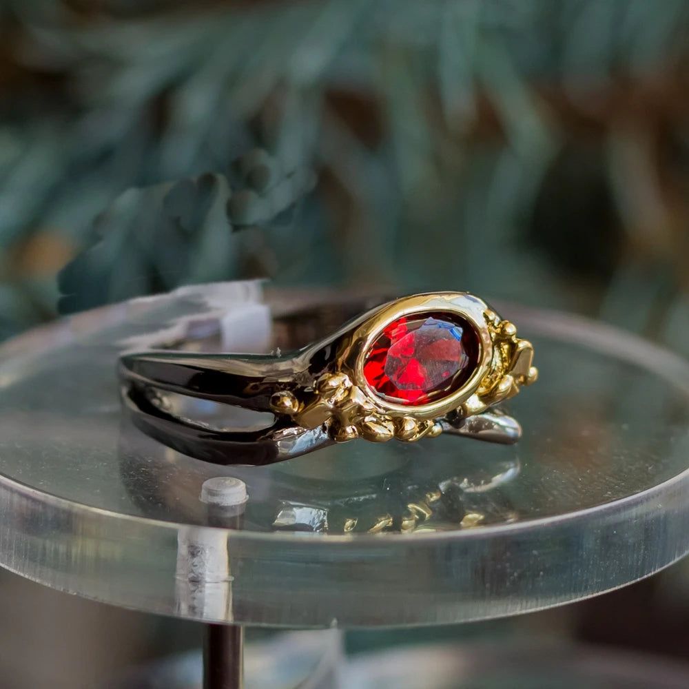 Bold Red Cubic Zirconia Geometric Cocktail Ring in Black-Gold Finish