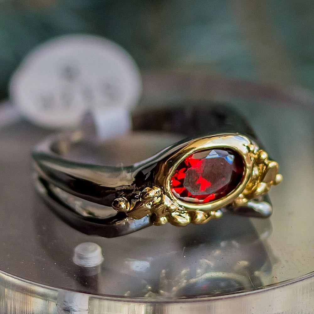 Bold Red Cubic Zirconia Geometric Cocktail Ring in Black-Gold Finish