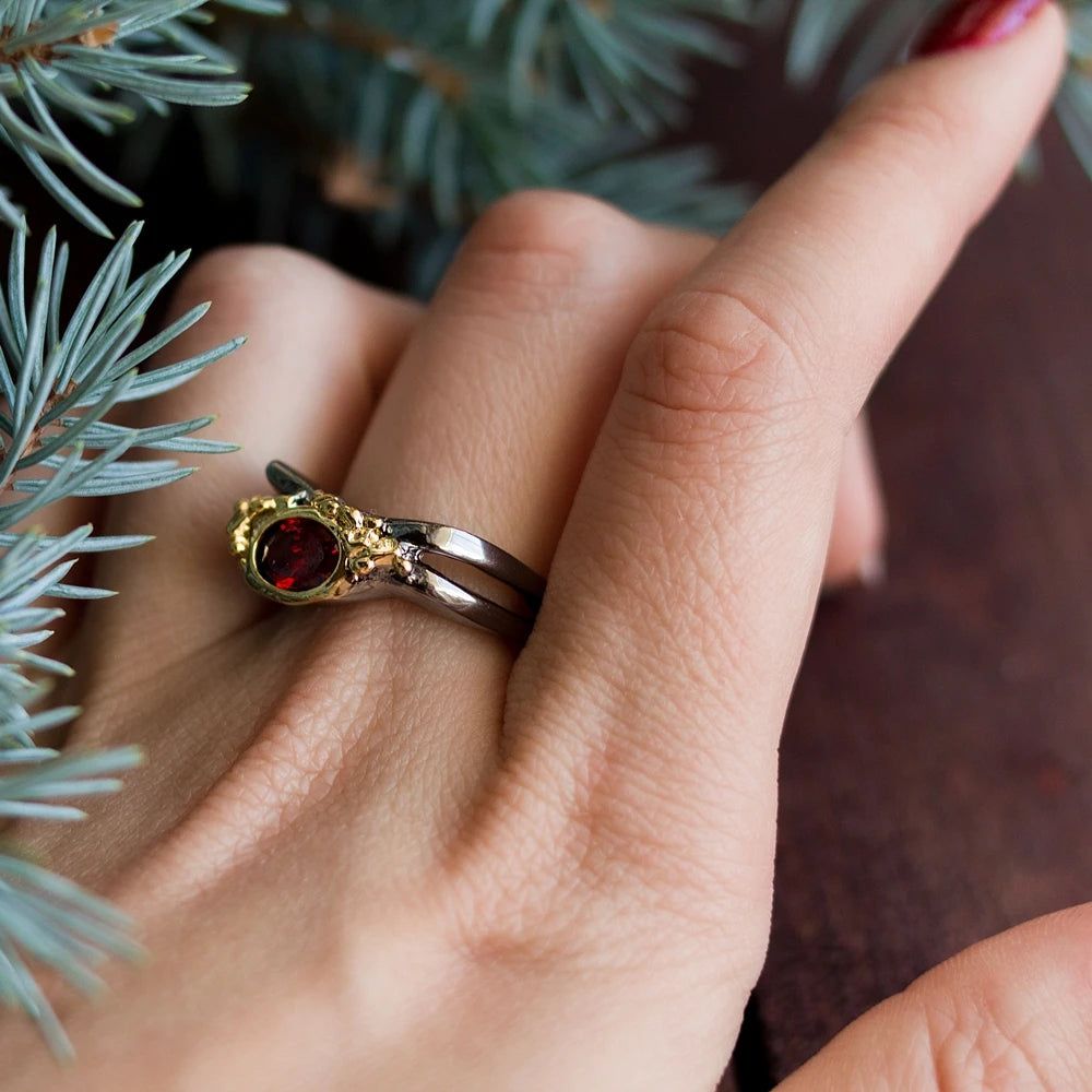 Bold Red Cubic Zirconia Geometric Cocktail Ring in Black-Gold Finish