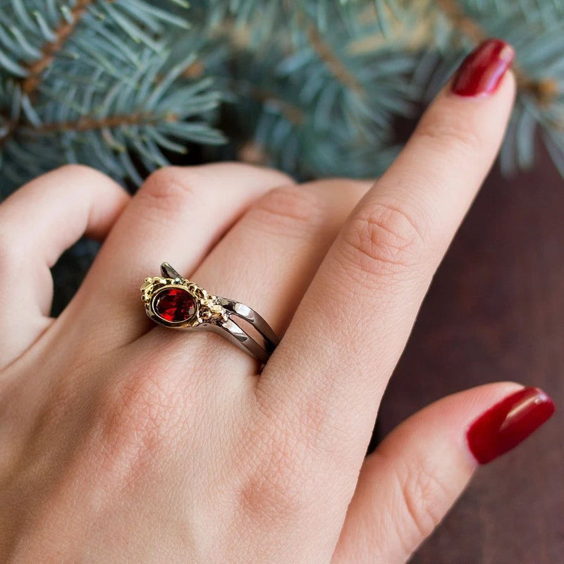 Bold Red Cubic Zirconia Geometric Cocktail Ring in Black-Gold Finish