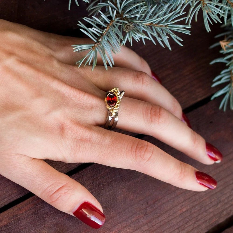 Bold Red Cubic Zirconia Geometric Cocktail Ring in Black-Gold Finish