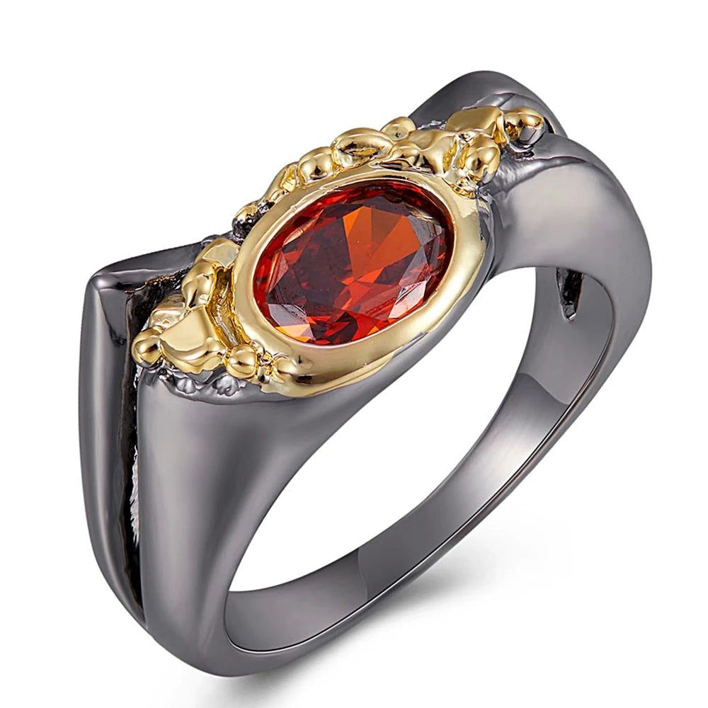 Bold Red Cubic Zirconia Geometric Cocktail Ring in Black-Gold Finish