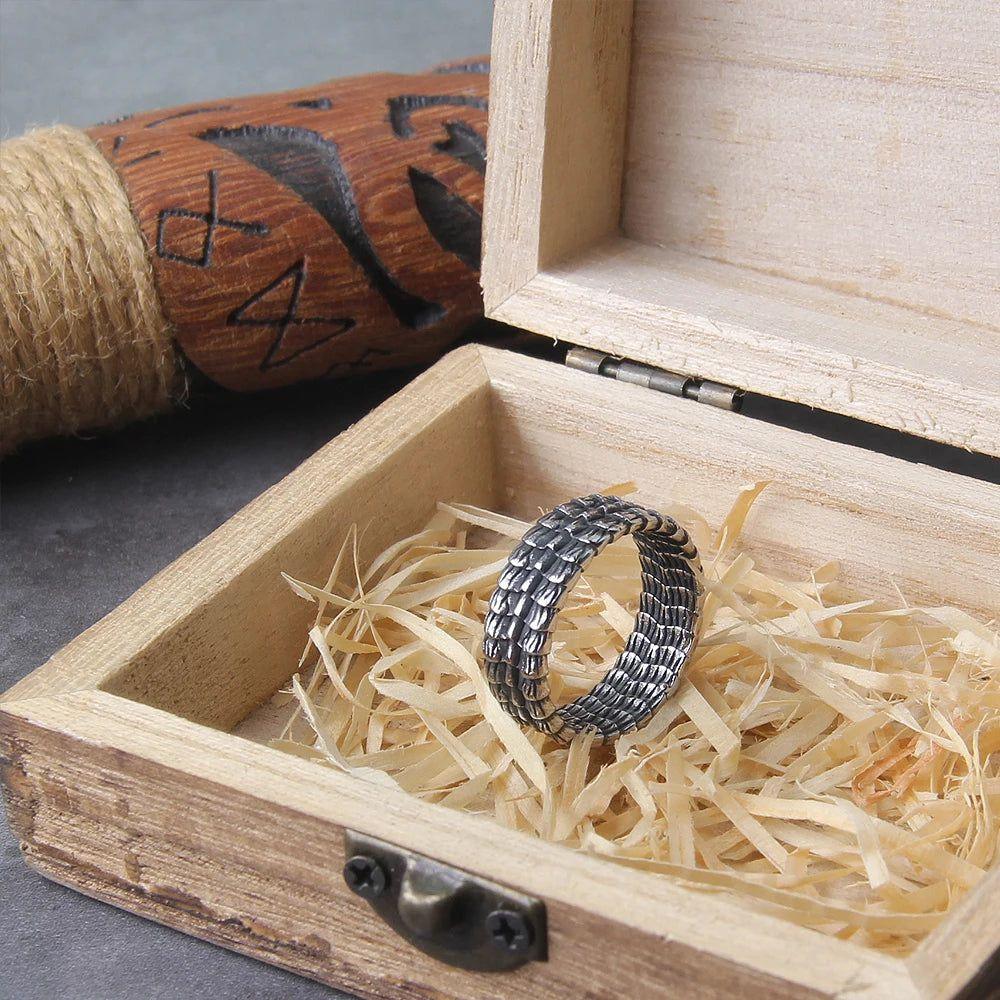 Bold Viking Ouroboros Stainless Steel Ring for Men with Gift Chain and Wooden Box