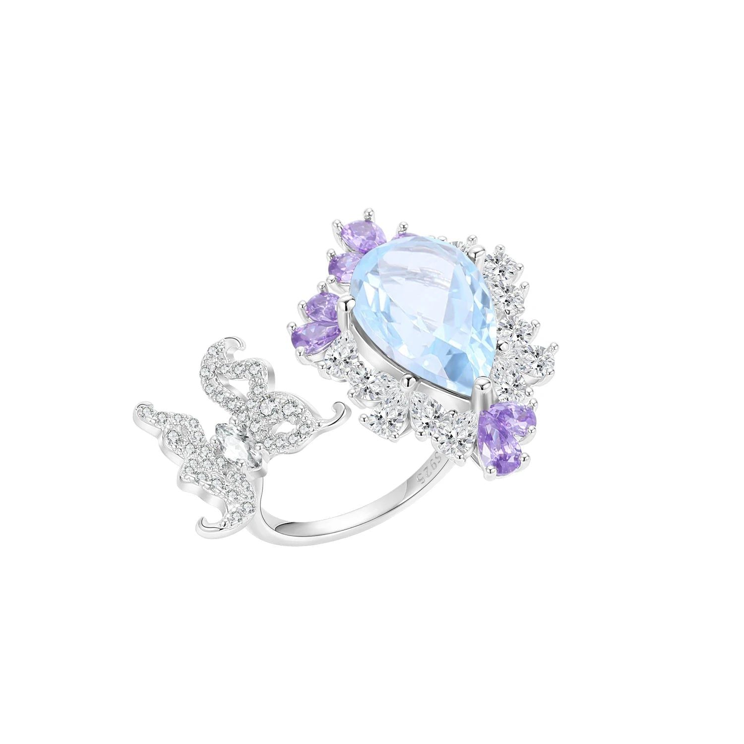 Butterfly Ring Sky Blue Topaz Adjustable Open Ring 925 Silver