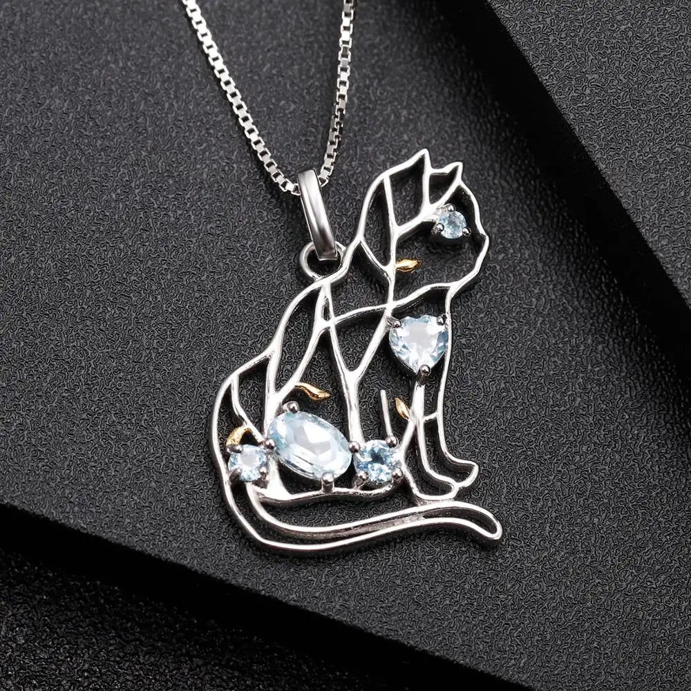 Cat Shape Natural Sky Blue Topaz Jewelry Pendant Necklace