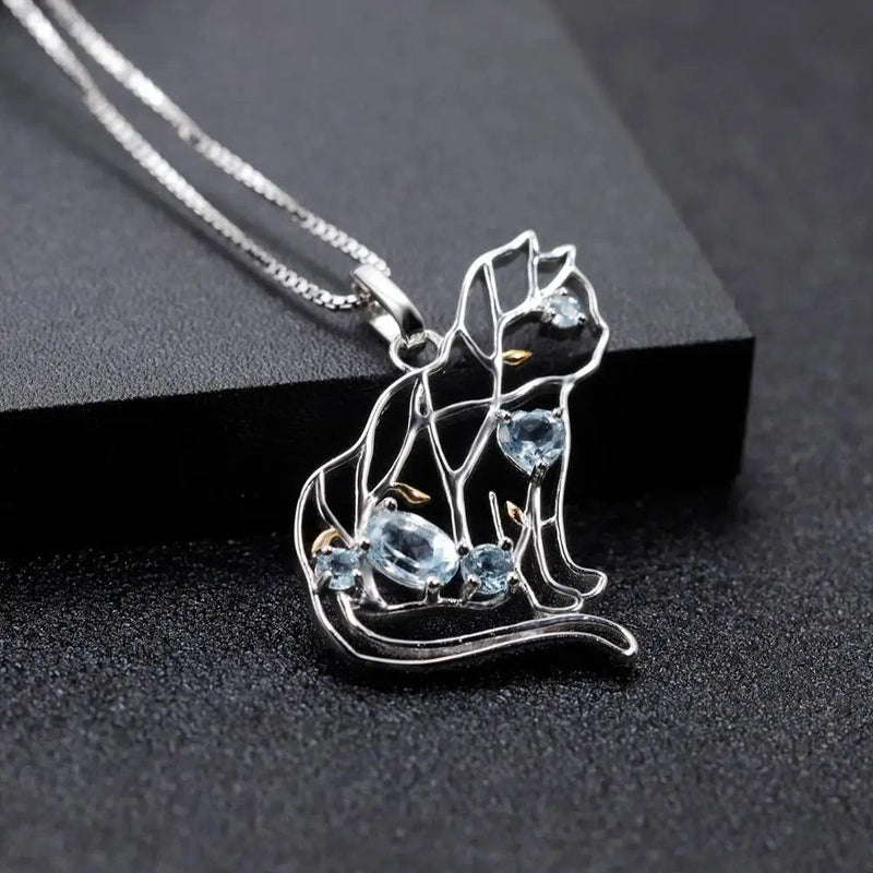 Cat Shape Natural Sky Blue Topaz Jewelry Pendant Necklace