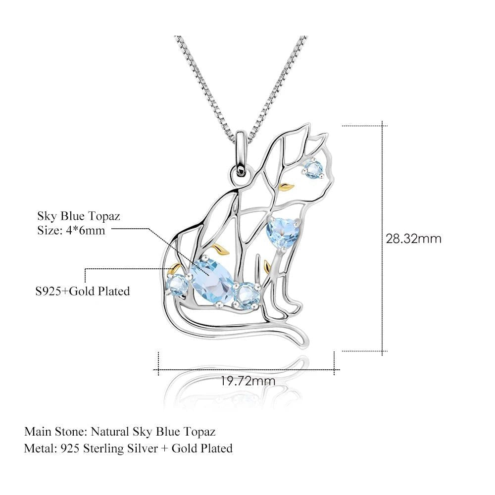 Cat Shape Natural Sky Blue Topaz Jewelry Pendant Necklace