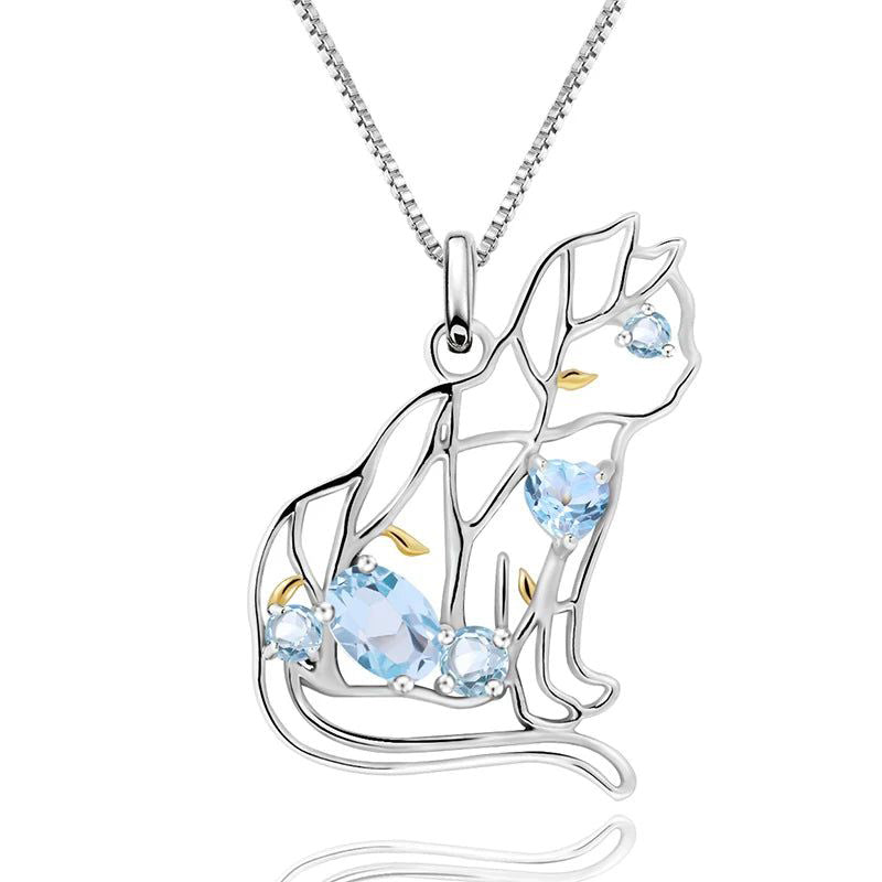 Cat Shape Natural Sky Blue Topaz Jewelry Pendant Necklace