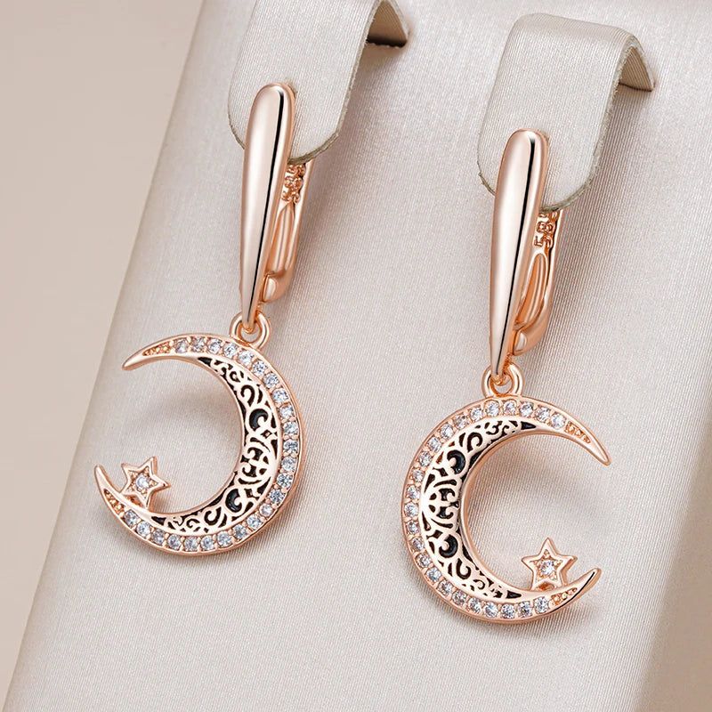 Celestial Elegance: Black Enamel Star and Moon Dangle Earrings in 585 Rose Gold with Natural Zircon