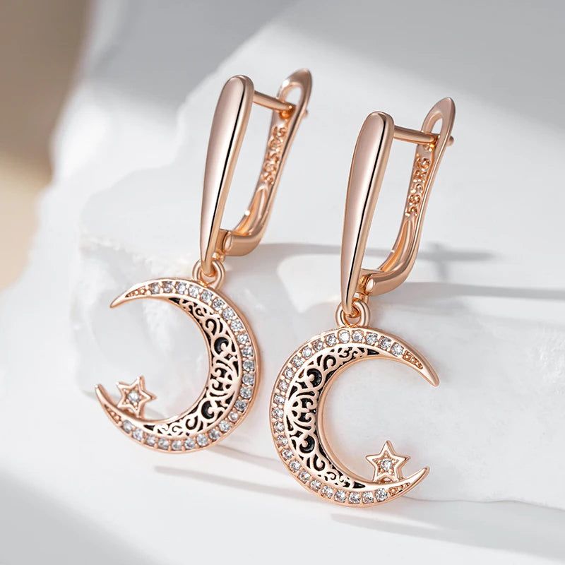 Celestial Elegance: Black Enamel Star and Moon Dangle Earrings in 585 Rose Gold with Natural Zircon