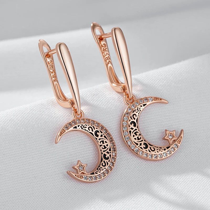 Celestial Elegance: Black Enamel Star and Moon Dangle Earrings in 585 Rose Gold with Natural Zircon