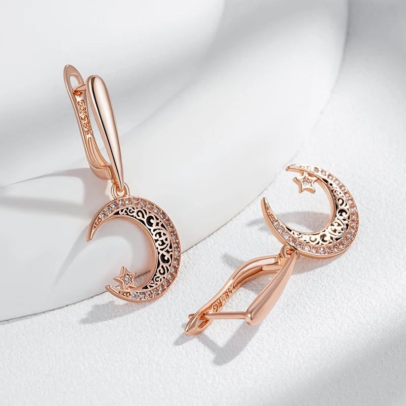 Celestial Elegance: Black Enamel Star and Moon Dangle Earrings in 585 Rose Gold with Natural Zircon