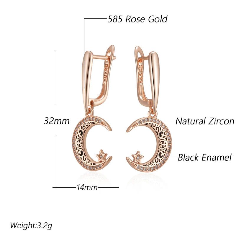 Celestial Elegance: Black Enamel Star and Moon Dangle Earrings in 585 Rose Gold with Natural Zircon