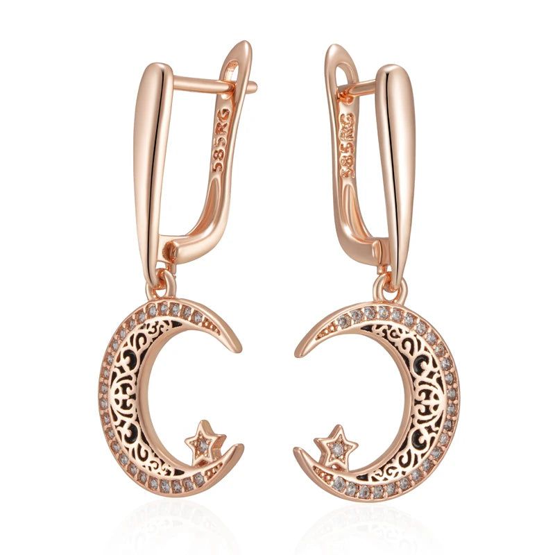 Celestial Elegance: Black Enamel Star and Moon Dangle Earrings in 585 Rose Gold with Natural Zircon