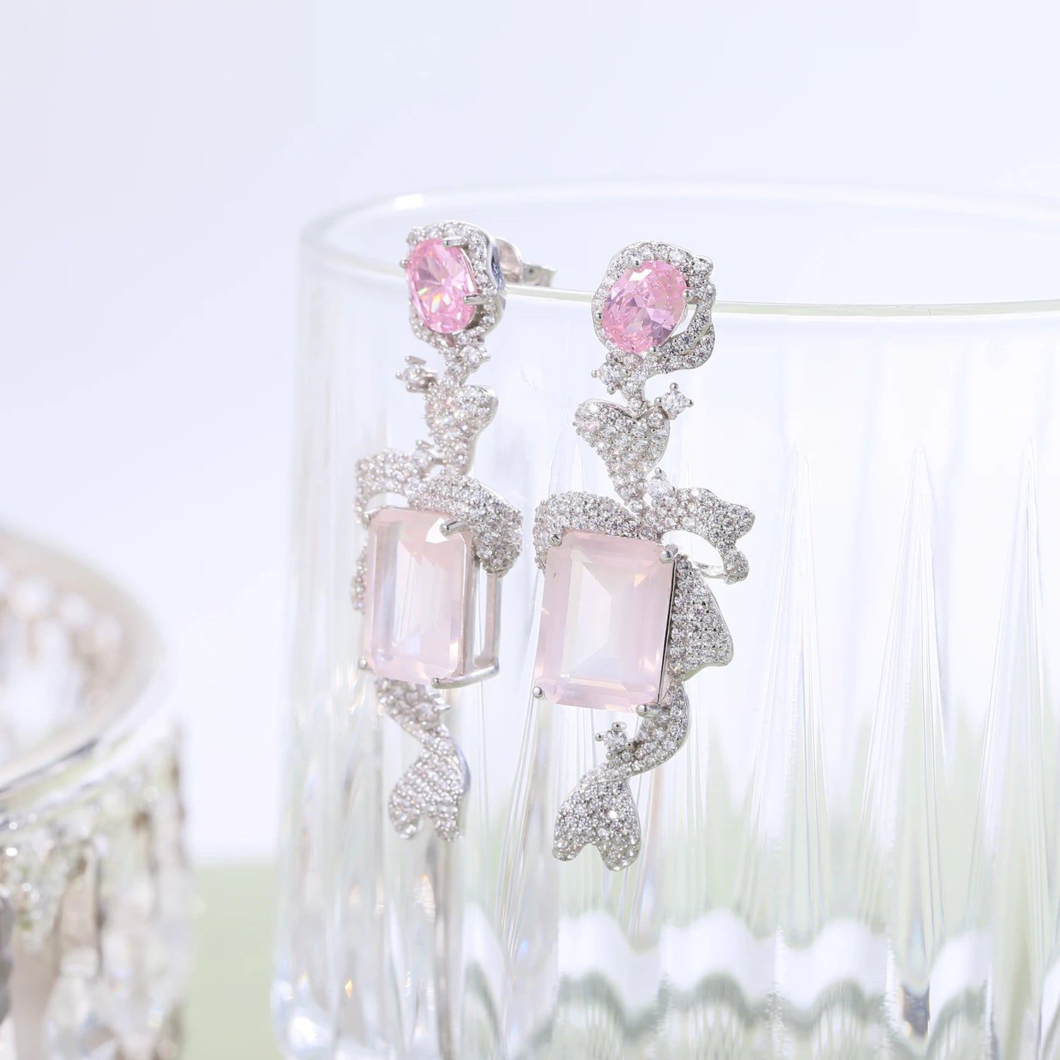 Chandelier Earrings Natural Rose Quartz Statement Earrings