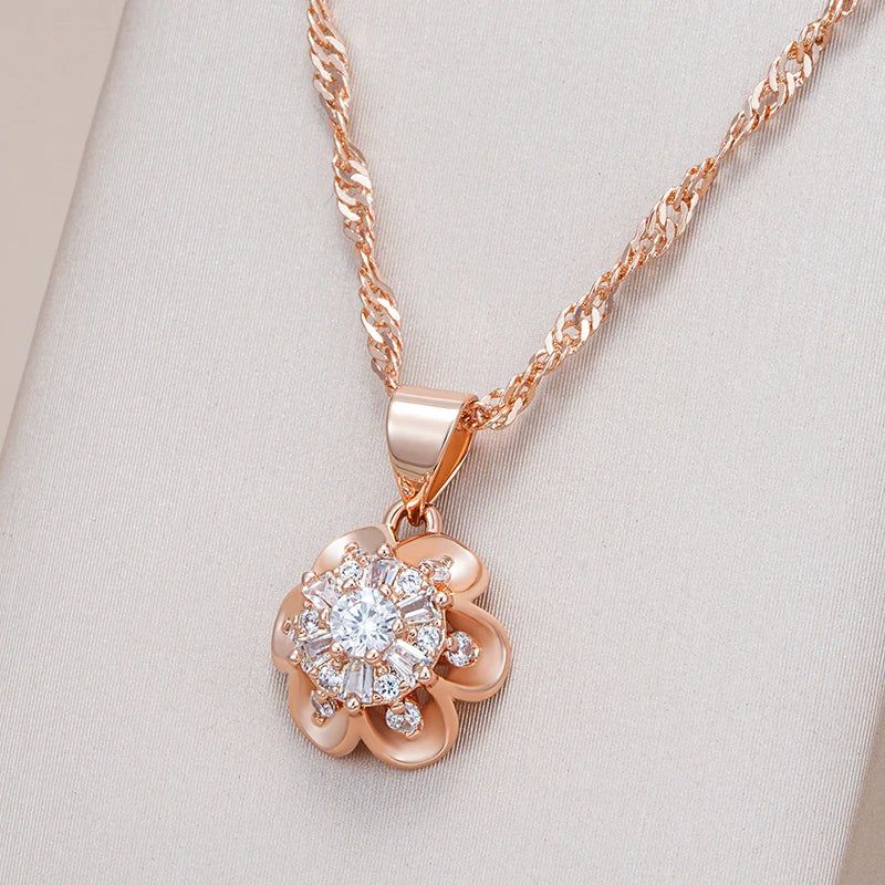 Charming 585 Rose Gold Crystal Floral Pendant Necklace with Natural Zircon Accents