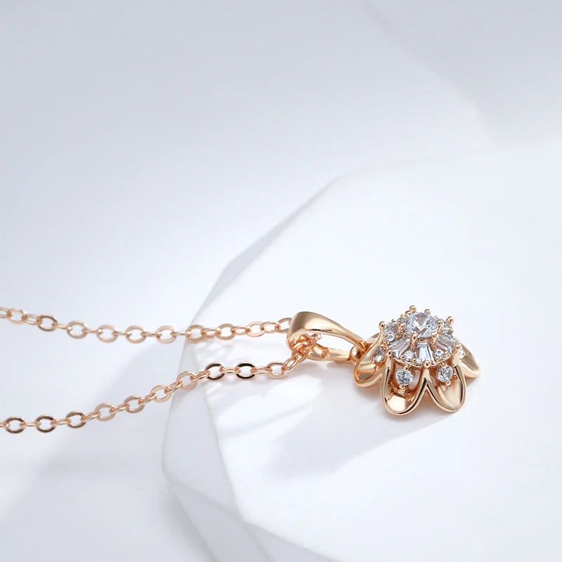 Charming 585 Rose Gold Crystal Floral Pendant Necklace with Natural Zircon Accents