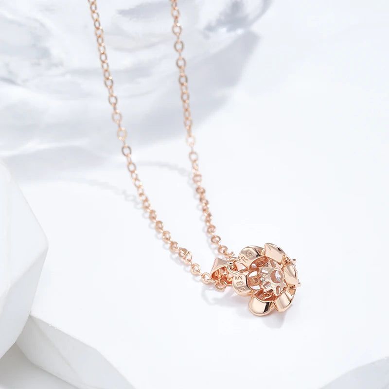 Charming 585 Rose Gold Crystal Floral Pendant Necklace with Natural Zircon Accents