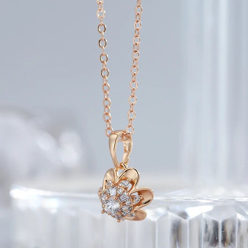 Charming 585 Rose Gold Crystal Floral Pendant Necklace with Natural Zircon Accents